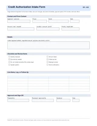 Credit Authorization Intake Form fillable PDF first-page preview