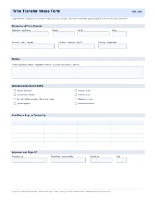 Wire Transfer Intake Form fillable PDF first-page preview