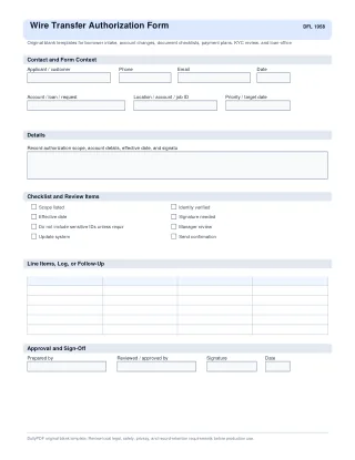 Wire Transfer Authorization Form fillable PDF first-page preview