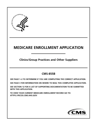 CMS-855B fillable PDF first-page preview of Medicare Enrollment Application - Clinics