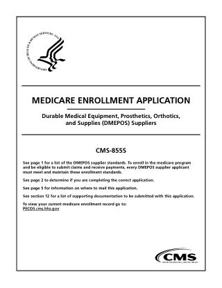 CMS-855S fillable PDF first-page preview of Medicare Enrollment Application - DMEPOS Suppliers