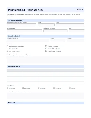 Plumbing Call Request Form fillable PDF first-page preview