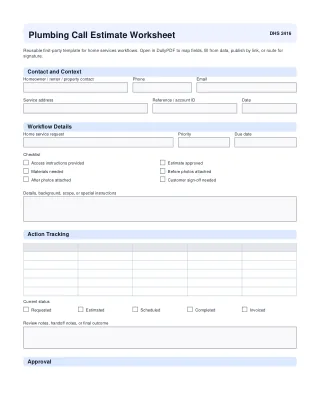 Plumbing Call Estimate Worksheet fillable PDF first-page preview
