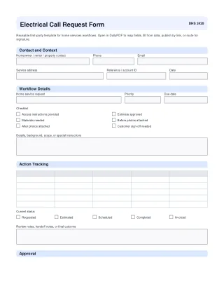 Electrical Call Request Form fillable PDF first-page preview