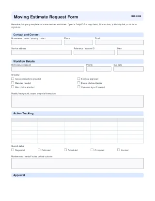 Moving Estimate Request Form fillable PDF first-page preview