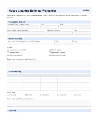 House Cleaning Estimate Worksheet fillable PDF first-page preview