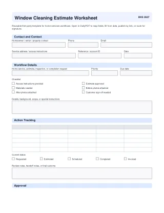 Window Cleaning Estimate Worksheet fillable PDF first-page preview