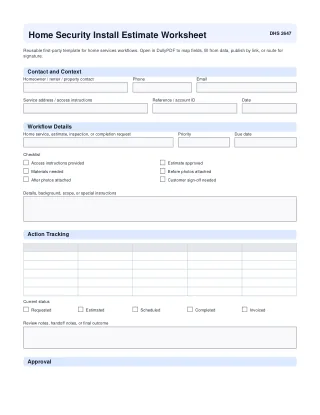 Home Security Install Estimate Worksheet fillable PDF first-page preview