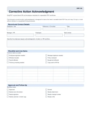 Corrective Action Acknowledgment fillable PDF first-page preview