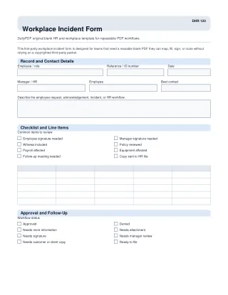 Workplace Incident Form fillable PDF first-page preview