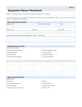 Equipment Return Worksheet fillable PDF first-page preview