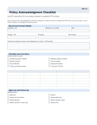 Policy Acknowledgment Checklist fillable PDF first-page preview