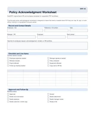 Policy Acknowledgment Worksheet fillable PDF first-page preview