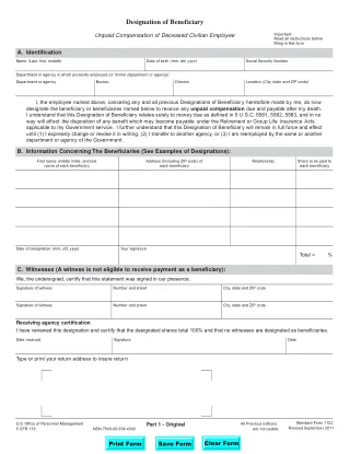 SF 1152 fillable PDF first-page preview of Designation of Beneficiary - Unpaid Compensation of Deceased Civilian Employee