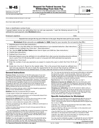 W-4S fillable PDF first-page preview of Request for Federal Income Tax Withholding from Sick Pay