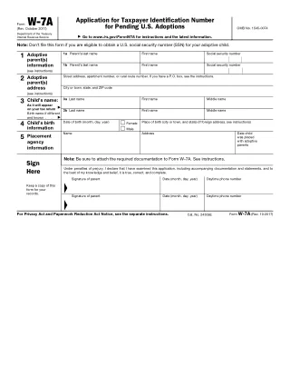 W-7A fillable PDF first-page preview of Application for Taxpayer ID for Pending U.S. Adoptions