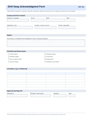 Shift Swap Acknowledgment Form fillable PDF first-page preview