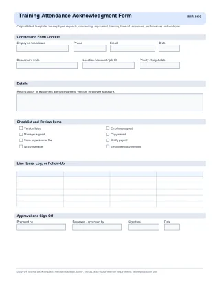 Training Attendance Acknowledgment Form fillable PDF first-page preview