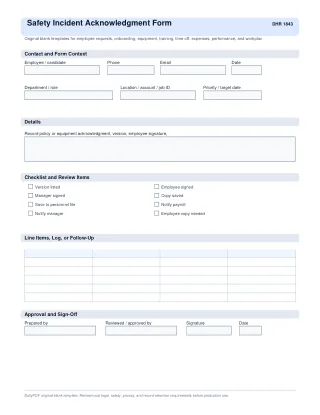 Safety Incident Acknowledgment Form fillable PDF first-page preview