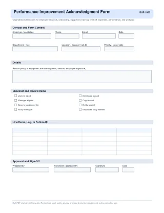 Performance Improvement Acknowledgment Form fillable PDF first-page preview