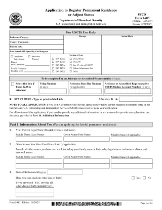 First page preview of USCIS Form I-485 from the DullyPDF public form catalog.