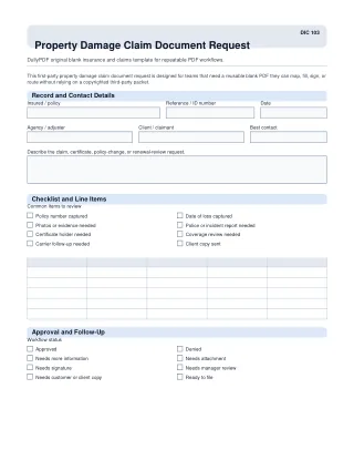 Property Damage Claim Document Request fillable PDF first-page preview