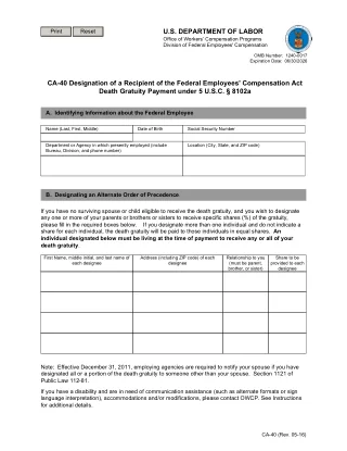 CA-40 fillable PDF first-page preview of Designation of a Recipient of the FECA Death Gratuity Payment