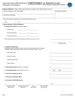 CA-7B fillable PDF first-page preview of Leave Buy Back Worksheet/Certification and Election