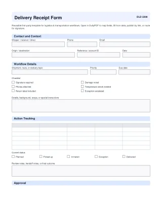 Delivery Receipt Form fillable PDF — first page preview