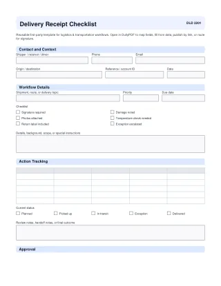 Delivery Receipt Checklist fillable PDF first-page preview