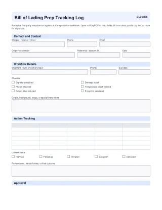 Bill of Lading Prep Tracking Log fillable PDF first-page preview