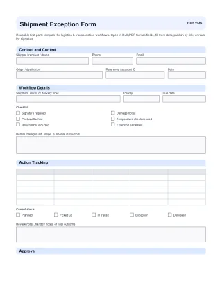 Shipment Exception Form fillable PDF first-page preview