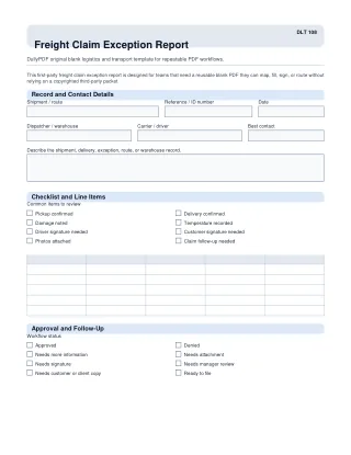 Freight Claim Exception Report fillable PDF first-page preview