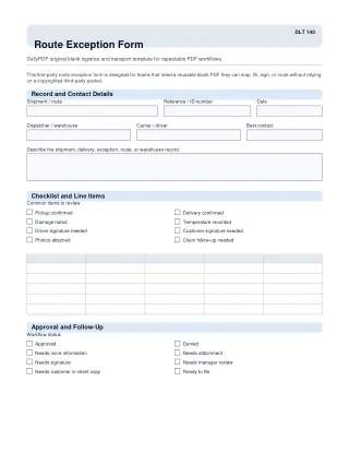 Route Exception Form fillable PDF first-page preview
