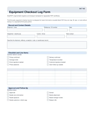 Equipment Checkout Log Form fillable PDF first-page preview