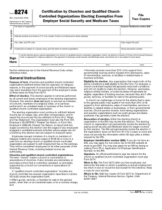 8274 fillable PDF first-page preview of Certification by Churches and Qualified Church-Controlled Organizations