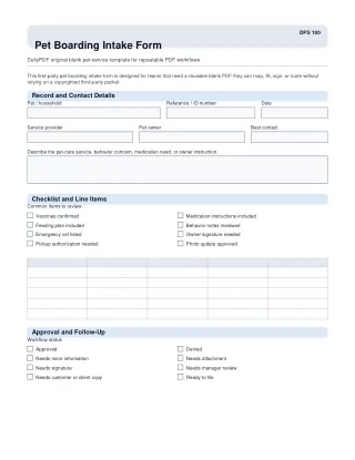 Pet Boarding Intake Form fillable PDF — first page preview