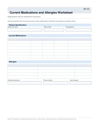 DPT 107 fillable PDF first-page preview of Current Medications and Allergies Worksheet