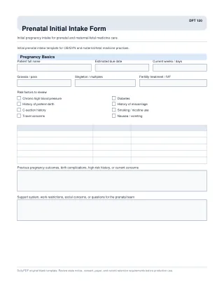 DPT 120 fillable PDF first-page preview of Prenatal Initial Intake Form