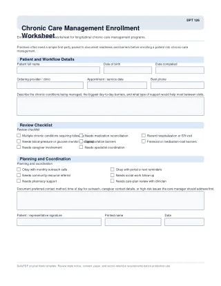 DPT 126 fillable PDF first-page preview of Chronic Care Management Enrollment Worksheet