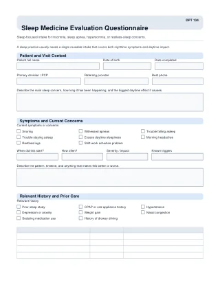 DPT 134 fillable PDF first-page preview of Sleep Medicine Evaluation Questionnaire