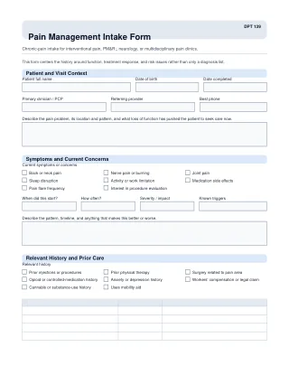 DPT 139 fillable PDF first-page preview of Pain Management Intake Form