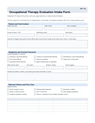 DPT 143 fillable PDF first-page preview of Occupational Therapy Evaluation Intake Form