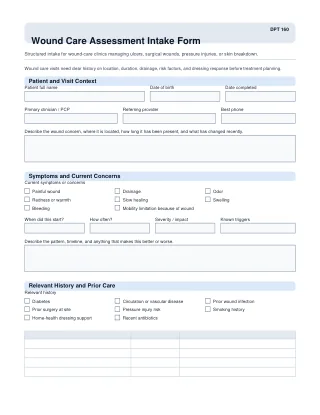 DPT 160 fillable PDF first-page preview of Wound Care Assessment Intake Form