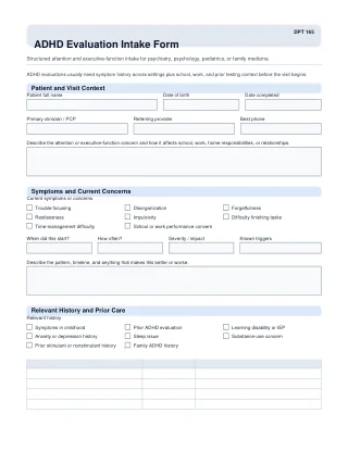 DPT 165 fillable PDF first-page preview of ADHD Evaluation Intake Form