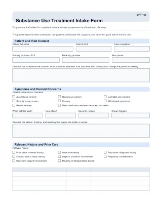 DPT 166 fillable PDF first-page preview of Substance Use Treatment Intake Form