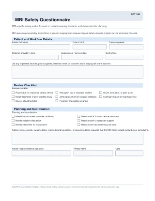DPT 180 fillable PDF first-page preview of MRI Safety Questionnaire