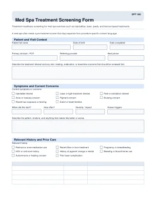DPT 185 fillable PDF first-page preview of Med Spa Treatment Screening Form