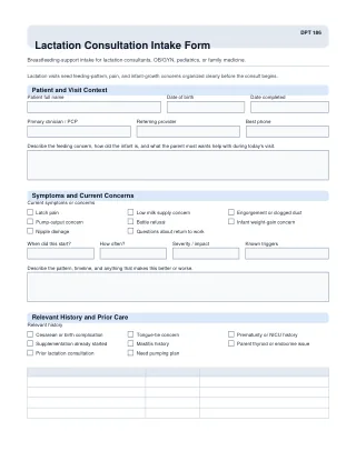 DPT 186 fillable PDF first-page preview of Lactation Consultation Intake Form