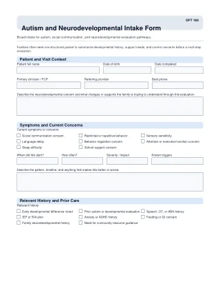 DPT 189 fillable PDF first-page preview of Autism and Neurodevelopmental Intake Form